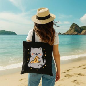 Tote Cute Cat Pizza 11 Black