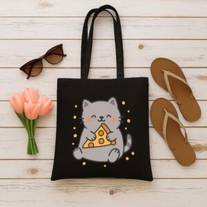 Tote Cute Cat Pizza 12 Black