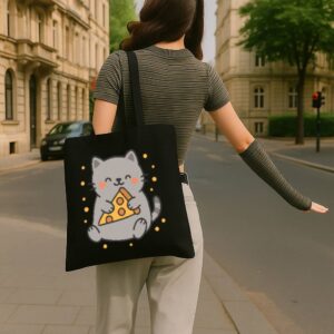 Tote Cute Cat Pizza 4 Black
