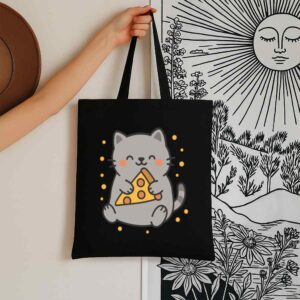 Tote Cute Cat Pizza 6 Black