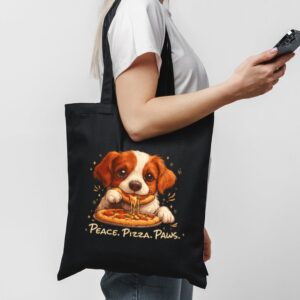 Tote Cute Spaniel Dog Eating Pizza 1 Black