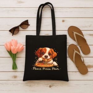 Tote Cute Spaniel Dog Eating Pizza 12 Black