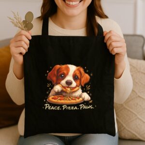 Tote Cute Spaniel Dog Eating Pizza 3 Black
