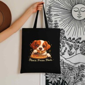 Tote Cute Spaniel Dog Eating Pizza 6 Black