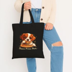 Tote Cute Spaniel Dog Eating Pizza 7 Black