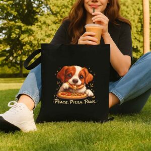 Tote Cute Spaniel Dog Eating Pizza 8 Black