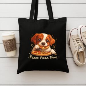 Tote Cute Spaniel Dog Eating Pizza 9 Black