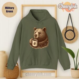 Hoodie Bear With Coffee Cup Military