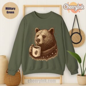 Sweatshirt Bear With Coffee Cup Military
