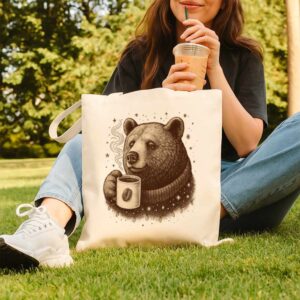 Tote Bear With Coffee Cup 10 Natural
