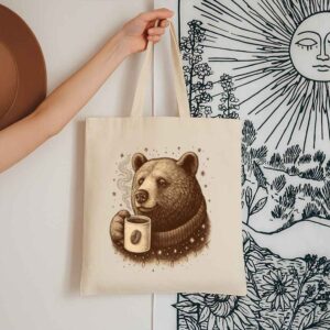 Tote Bear With Coffee Cup 13 Natural