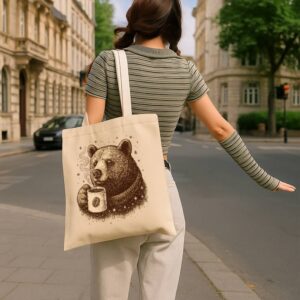 Tote Bear With Coffee Cup 15 Natural
