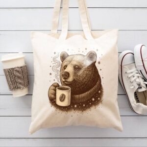 Tote Bear With Coffee Cup 9 Natural